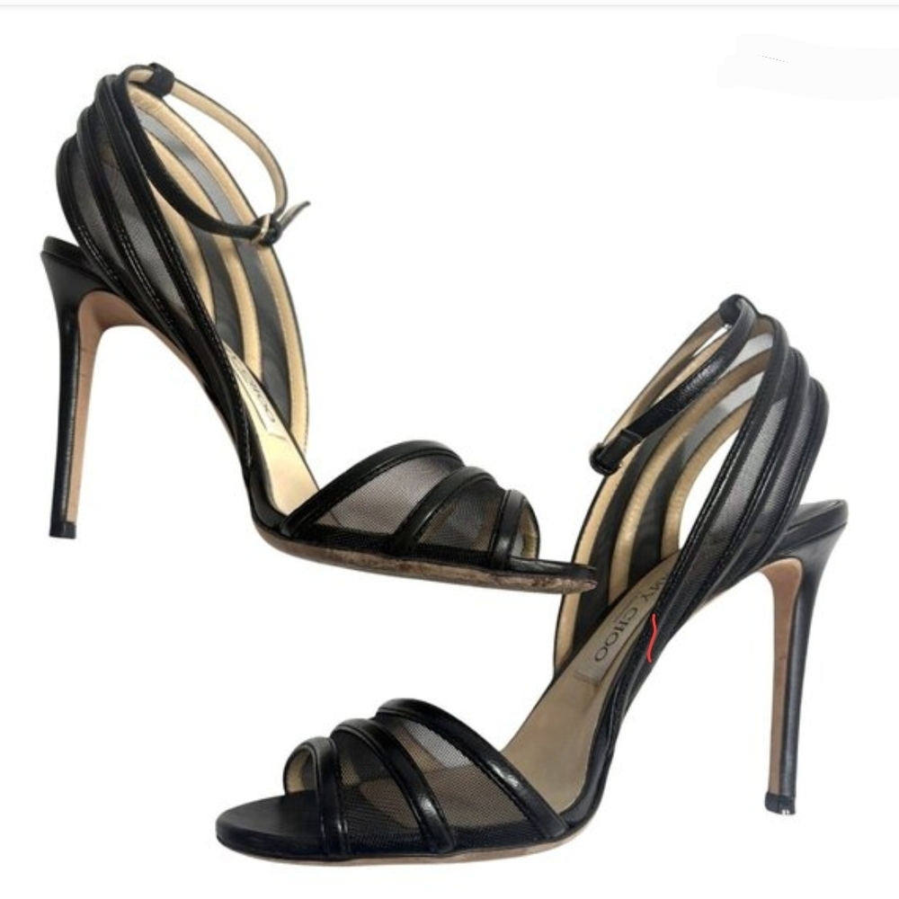 ⭐️JIMMY CHOO⭐️: Betty Black Leather And Mesh Strappy Heels Sz 41
